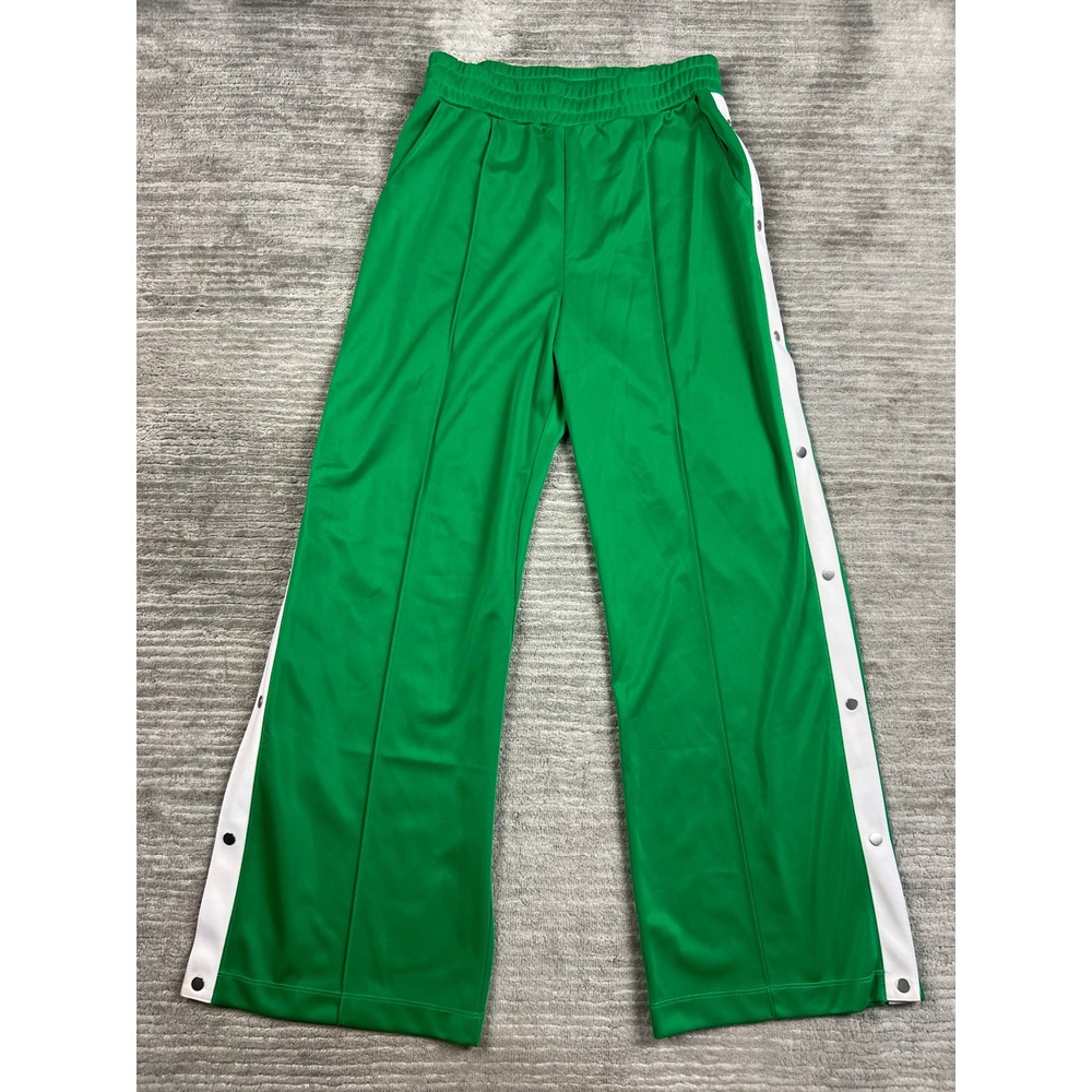 H&M Divided Track Pants Womens M Green Snap Button Side Stripe Wide Leg Retro